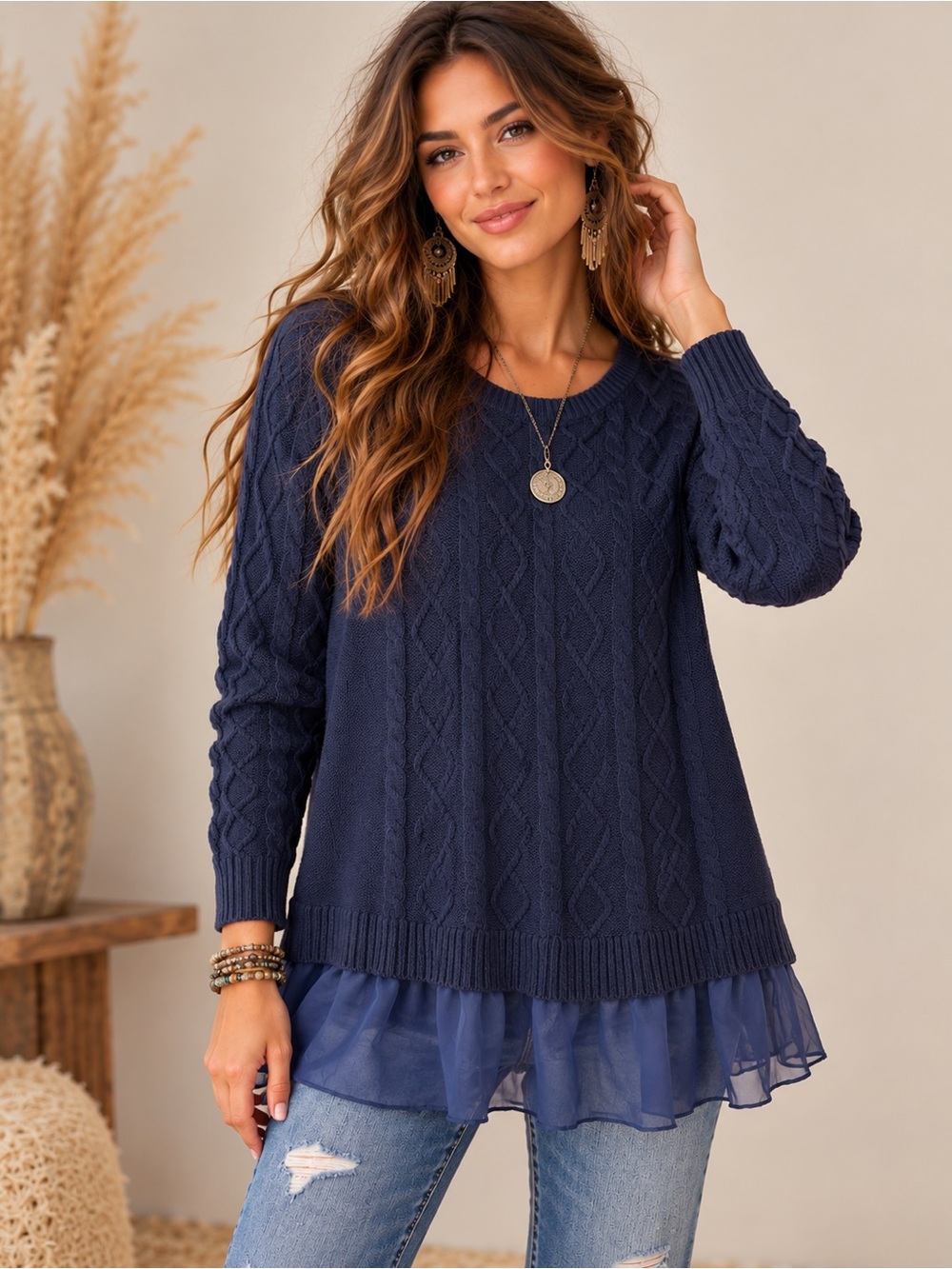 🌙✨ Military Hippie Blue Cable Knit Boho Ruffle Sweater ✨🌙